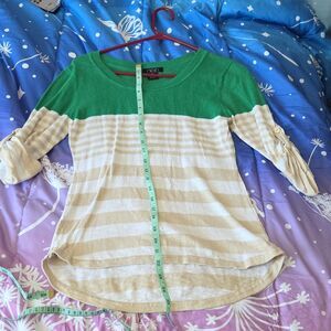deb Women's Green Beige Striped Knit 3/4 Roll Tab Sleeve High Low Academia y2k